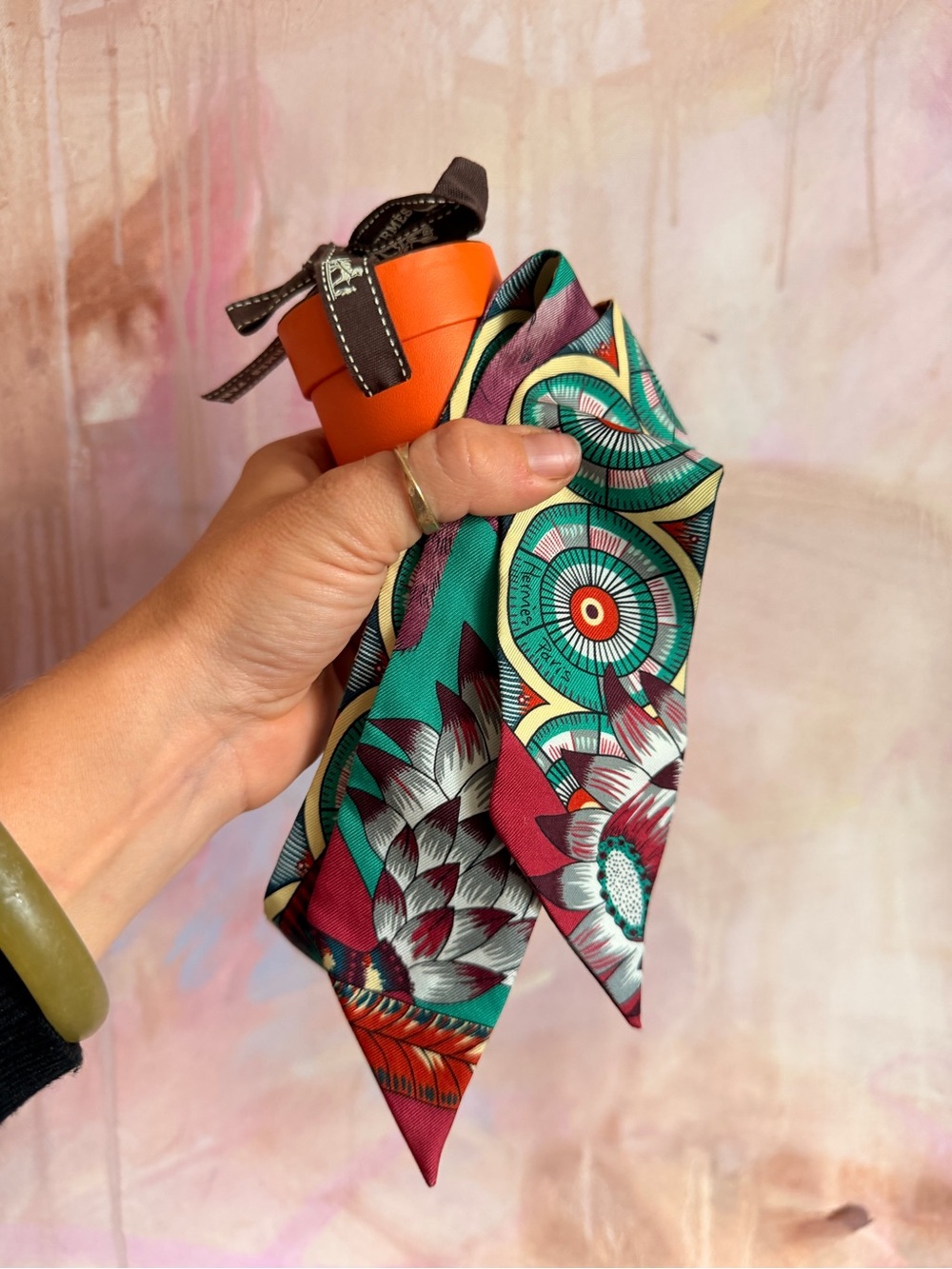 Hermes Women’s Decorative Twilly Scarf in Teal and Burgundy